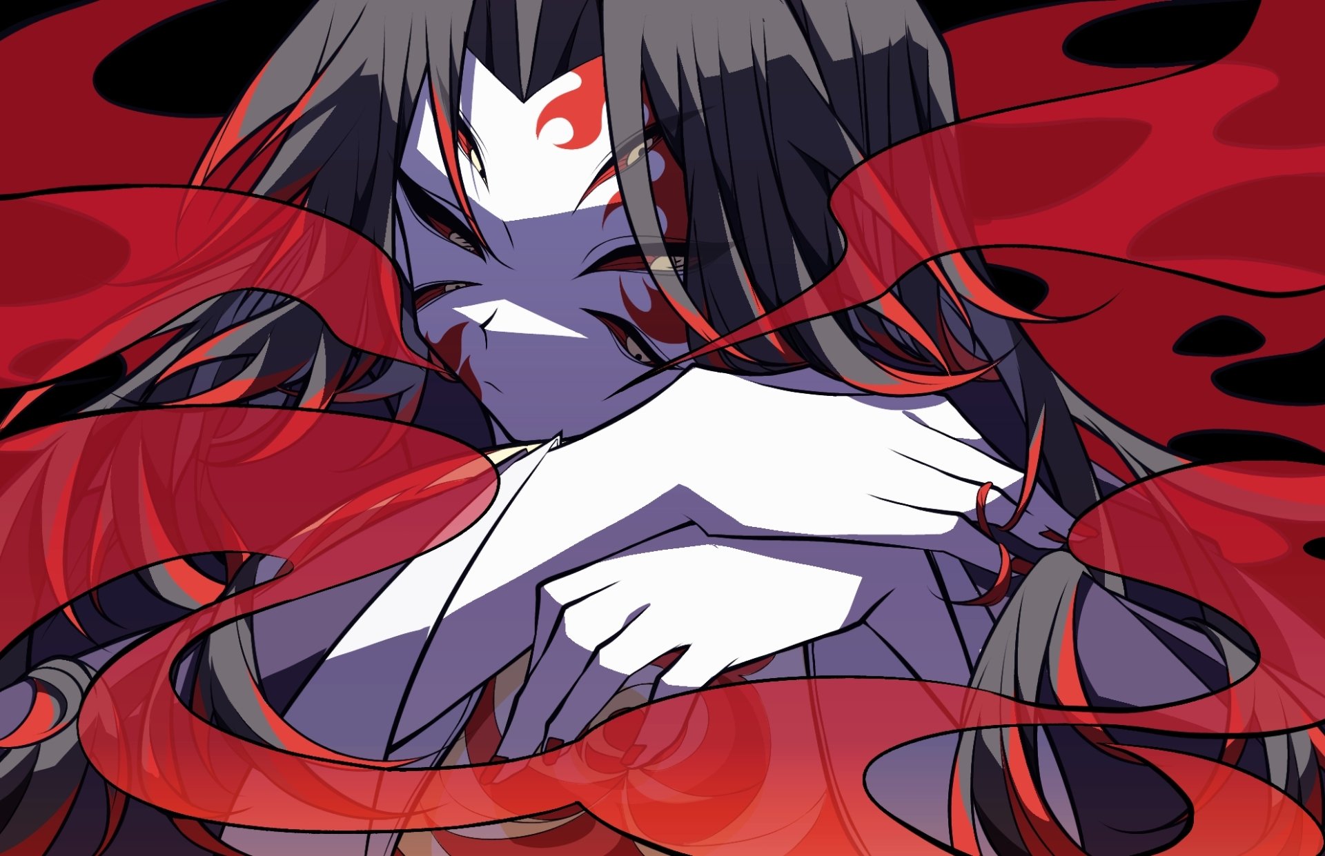 HD PC desktop wallpaper featuring Kokushibo from the anime Demon Slayer: Kimetsu no Yaiba, showcasing detailed art with dynamic red ribbons and intense expression.