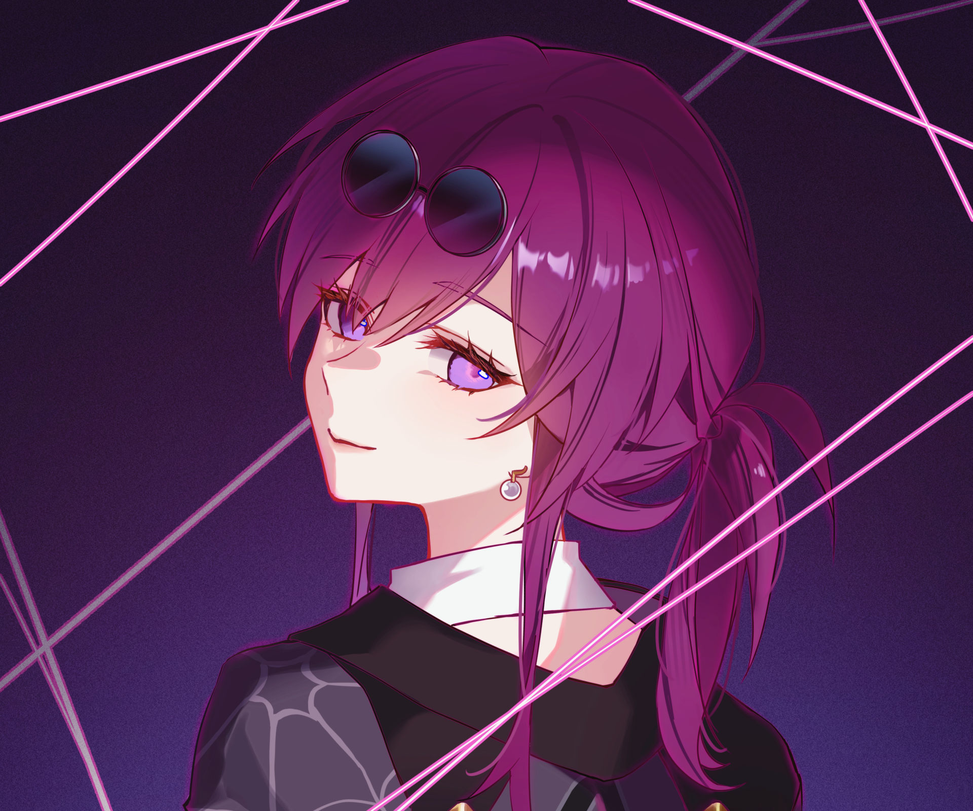 HD desktop wallpaper featuring Kafka from the video game Honkai: Star Rail, showcasing her with purple hair and sunglasses against a dark, neon-lit background.
