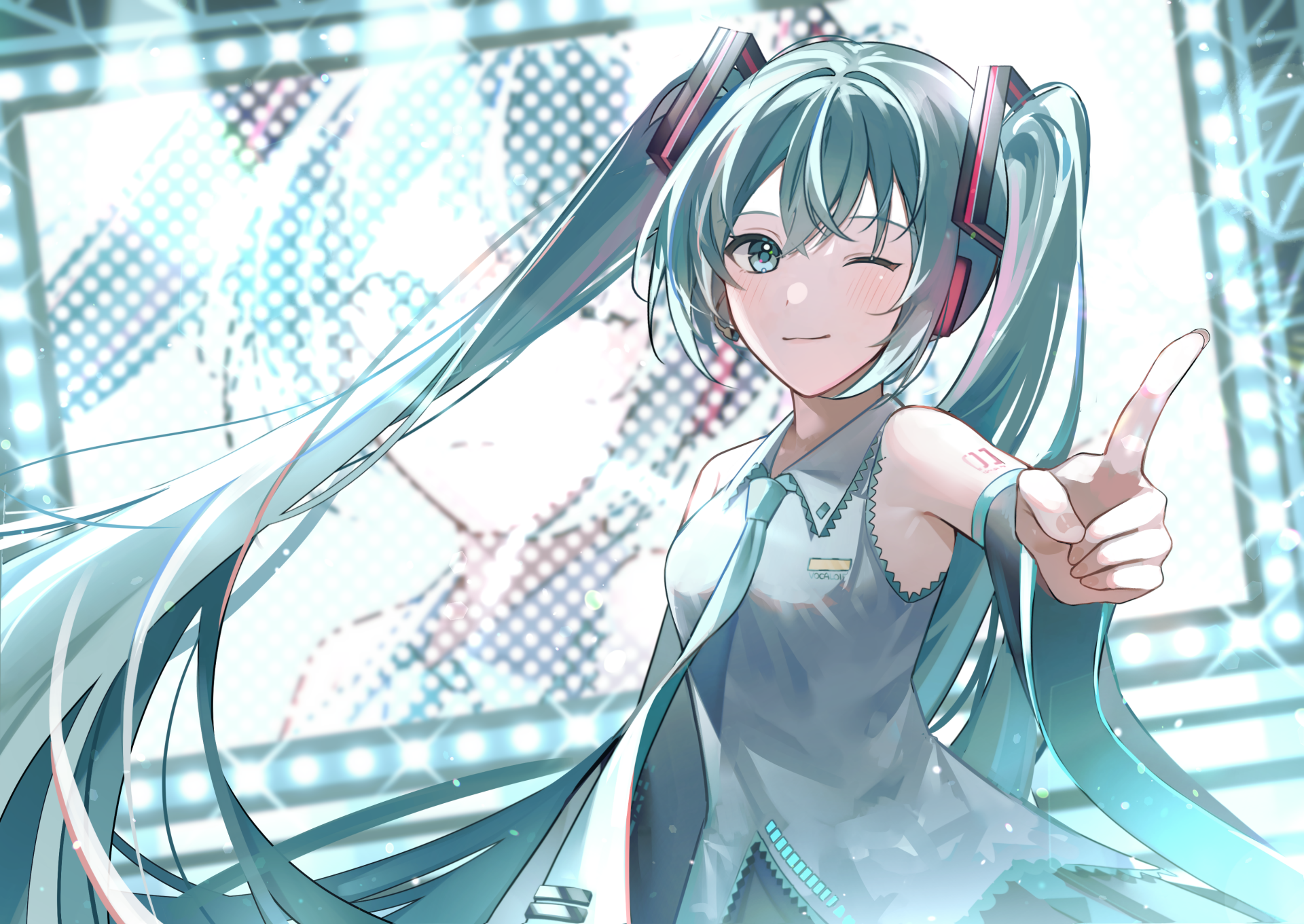 HD anime wallpaper featuring Hatsune Miku, the iconic Vocaloid character, with her signature teal twin-tails and futuristic outfit, striking a playful pose.