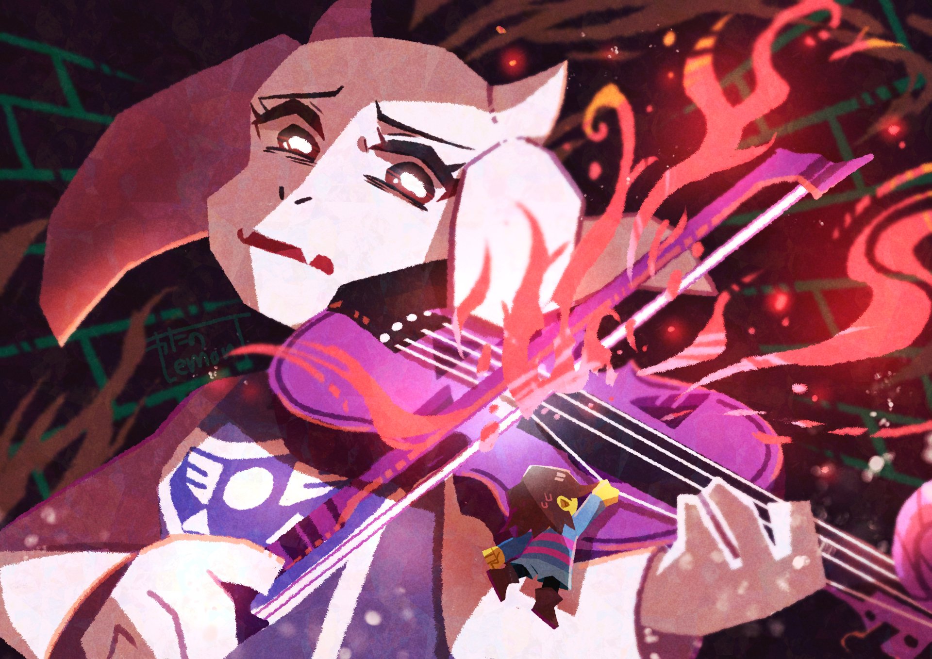 4K Ultra HD wallpaper featuring Toriel and Frisk from the video game Undertale, with Toriel playing a glowing violin amid a vibrant, mystical background.