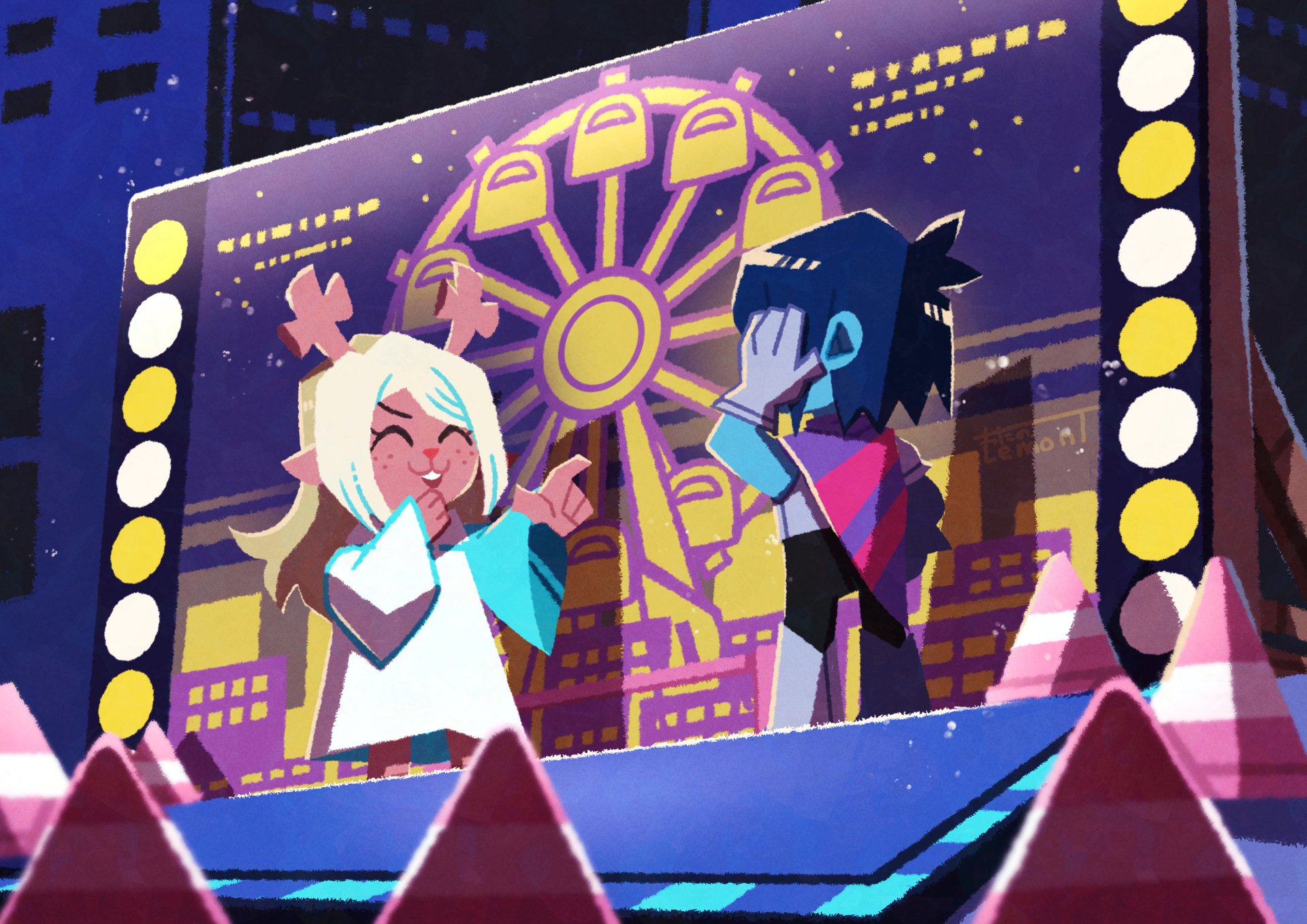 4K Ultra HD wallpaper featuring Kris and Noelle Holiday from the video game Deltarune, set against a vibrant carnival backdrop with bright lights and a Ferris wheel.