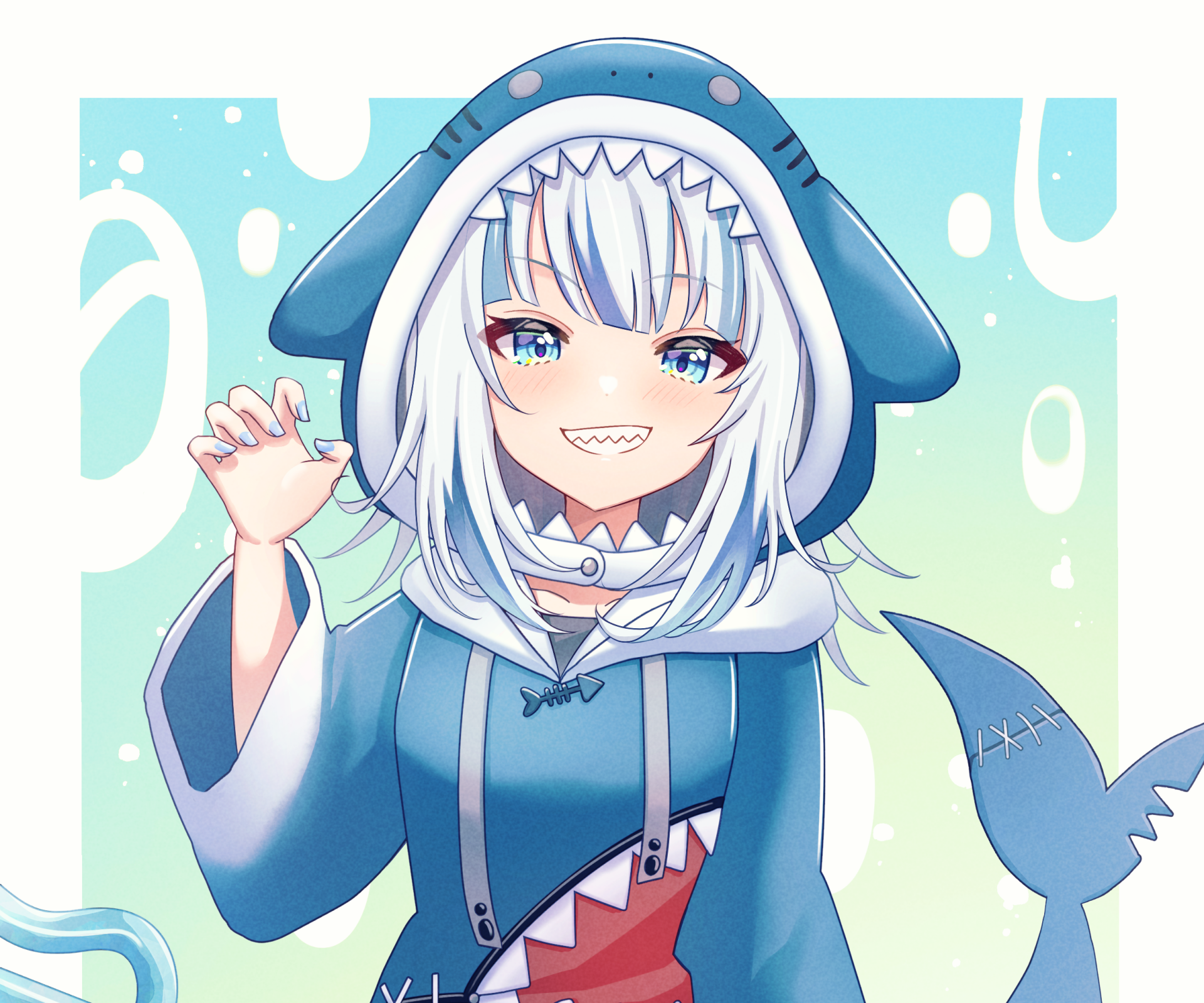 HD anime-style desktop wallpaper featuring Gawr Gura, the virtual YouTuber from hololive, with her signature shark hoodie and playful expression.