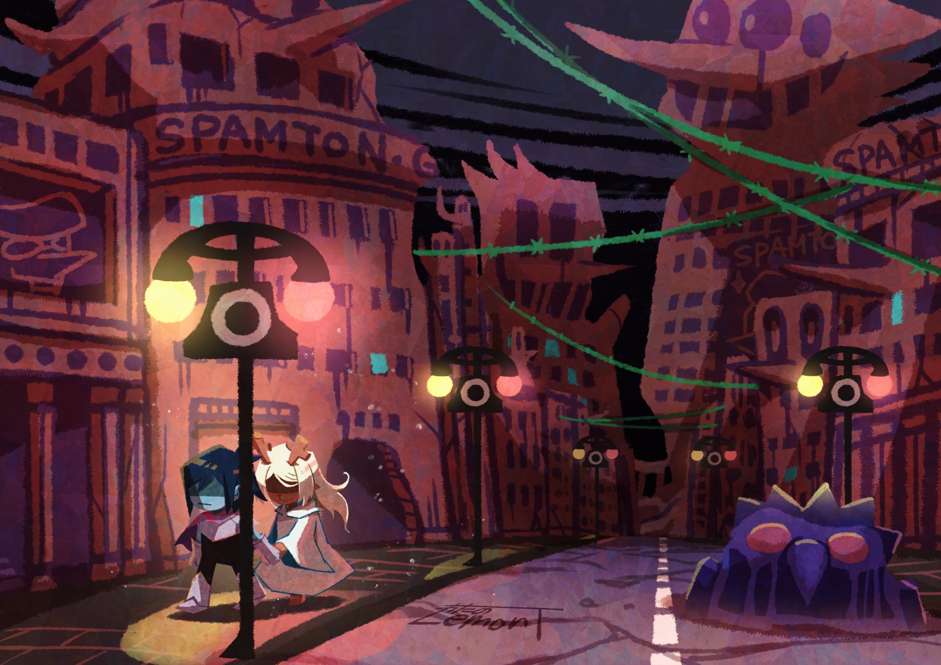 4K Ultra HD PC desktop wallpaper featuring Noelle Holiday and Kris from the video game Deltarune in a stylized urban nighttime scene.