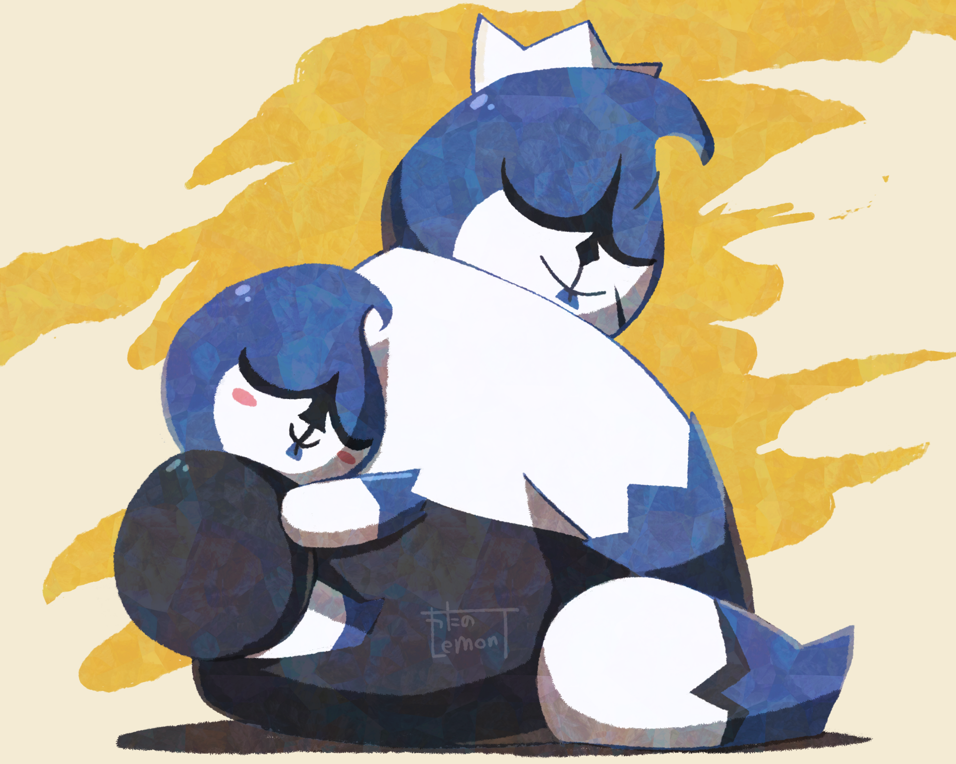 HD PC wallpaper featuring King and Lancer from the video game Deltarune in a warm, stylized embrace with a yellow background.