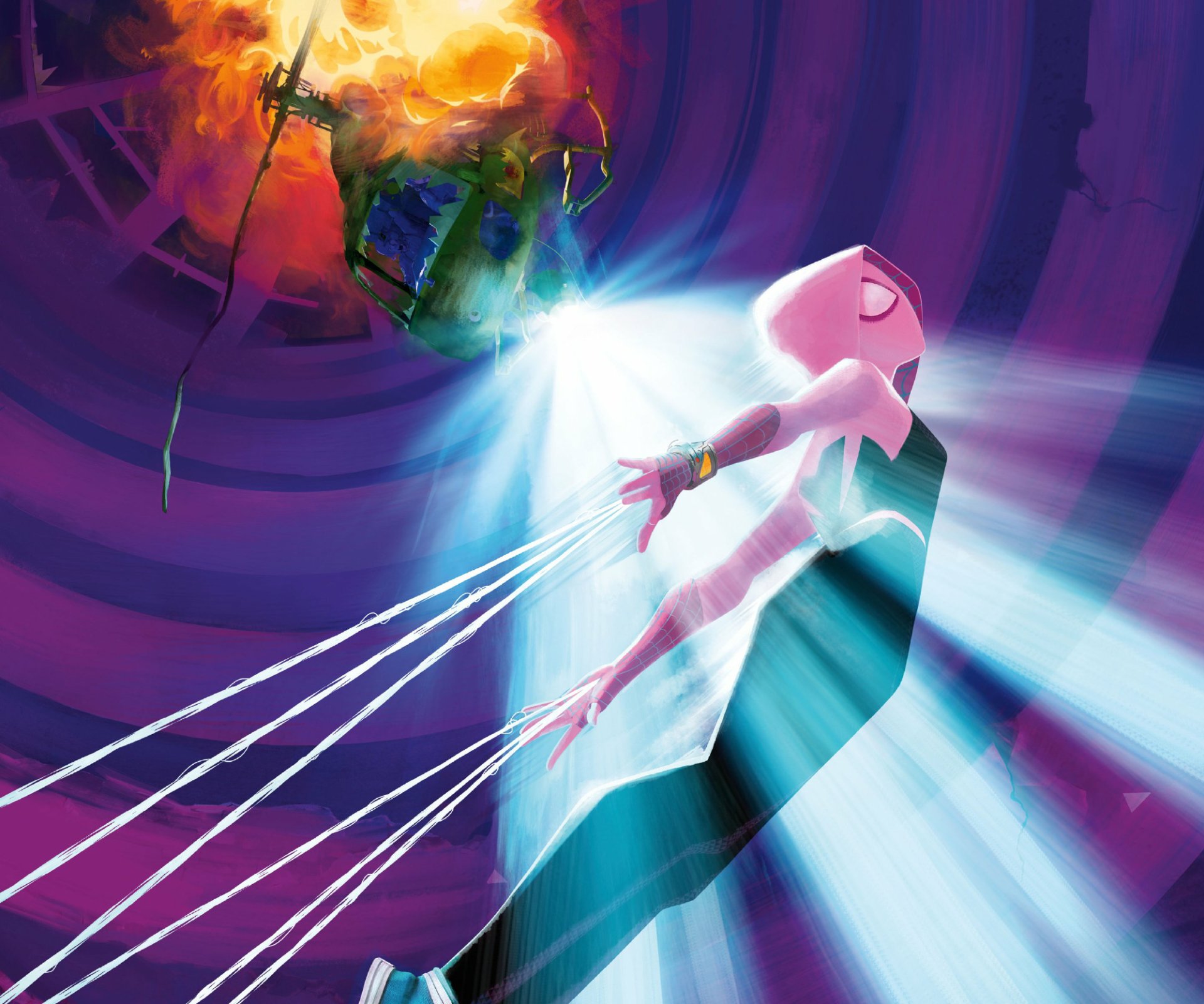 Spider-Gwen, from the movie Spider-Man: Across the Spider-Verse, dives through radiant blue beams and web lines against a vivid purple vortex — HD PC desktop wallpaper.