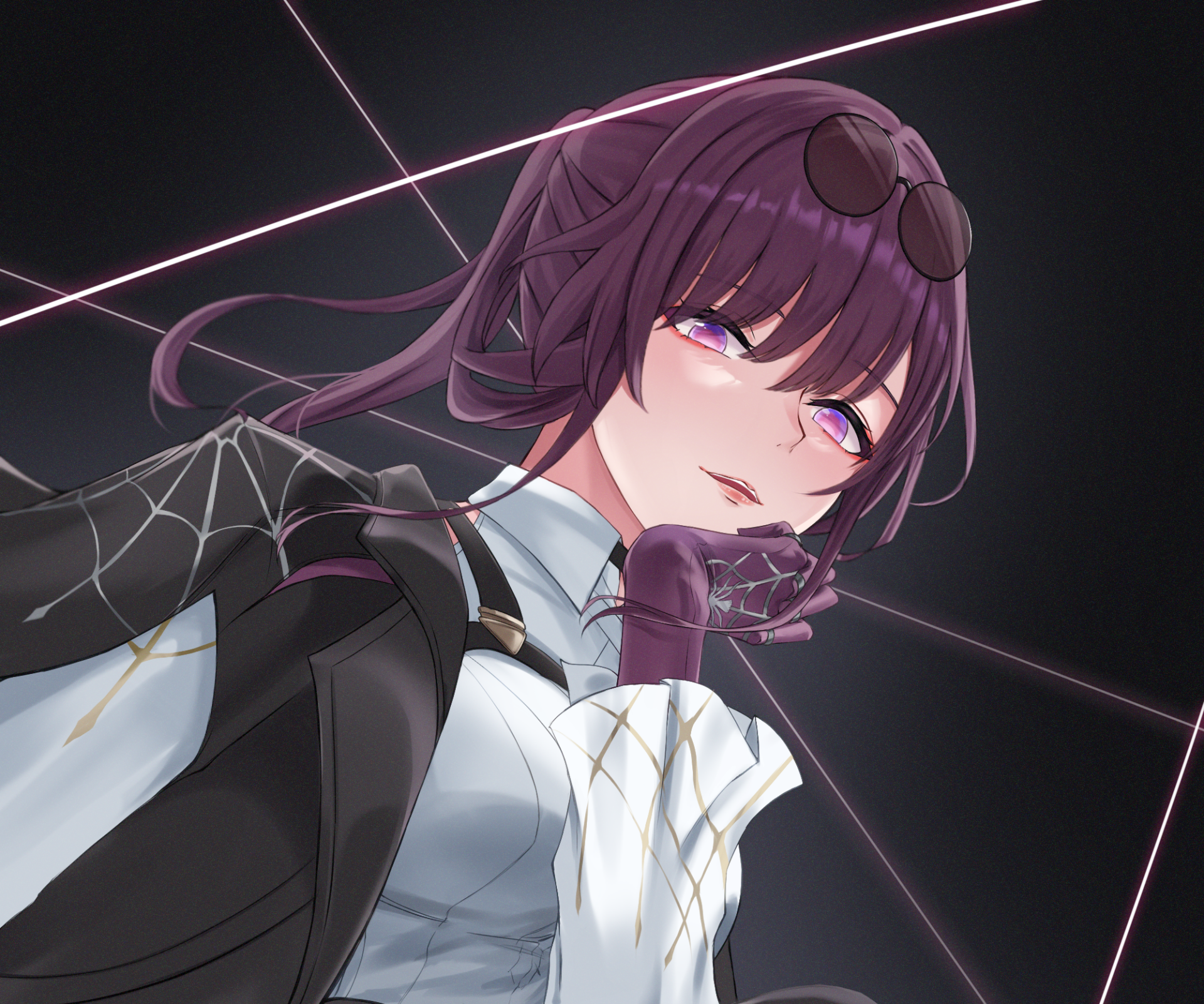 HD desktop wallpaper featuring Kafka from the video game Honkai: Star Rail with a dark, futuristic background and neon pink lines.