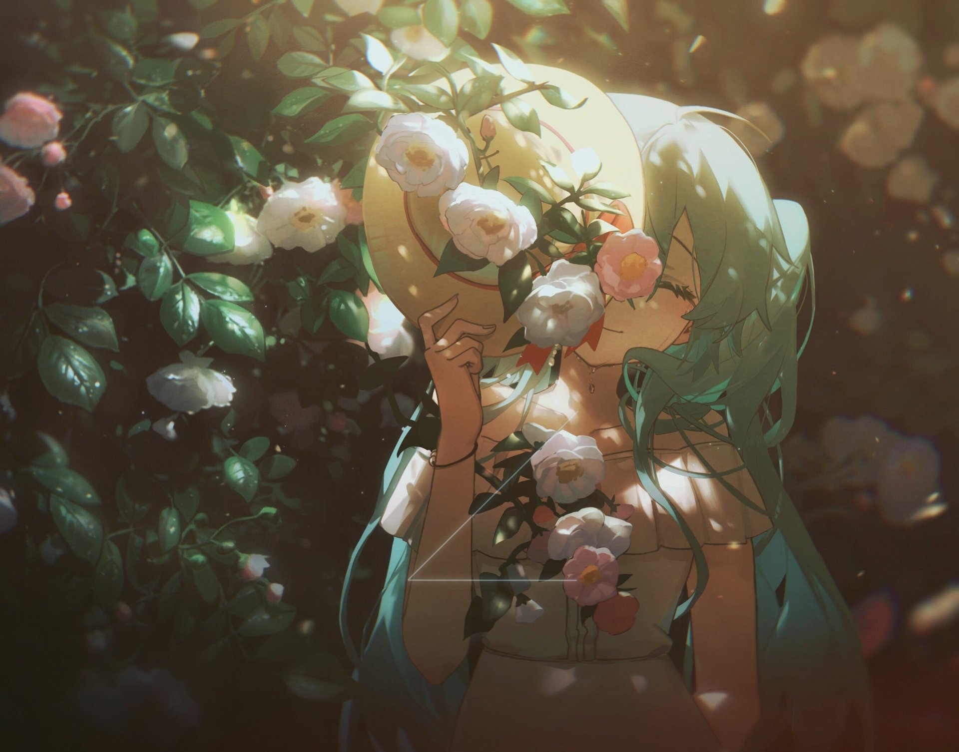 HD anime desktop wallpaper featuring Hatsune Miku from Vocaloid surrounded by blooming white roses in a softly lit garden setting.