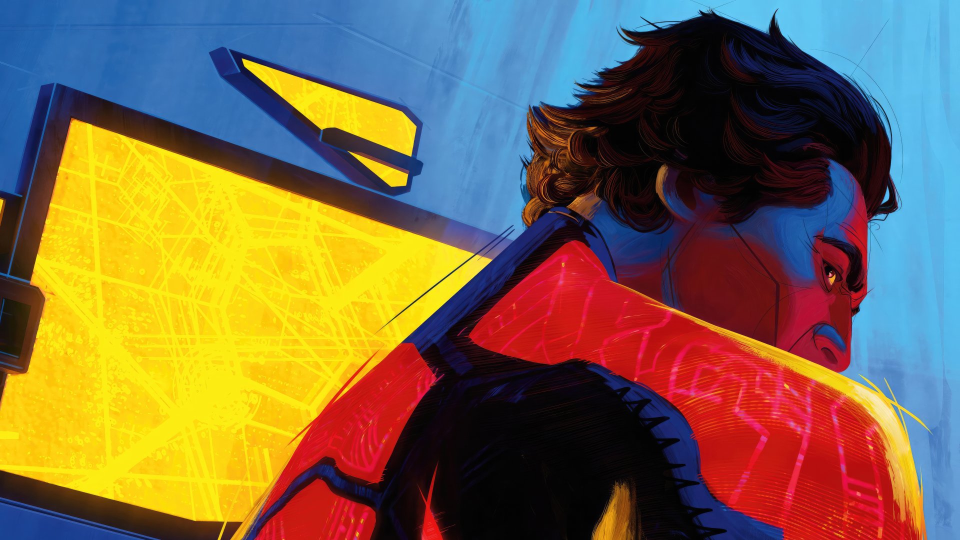 Vibrant 4K Ultra HD Spider-Man: Across the Spider-Verse wallpaper featuring a close-up of Spider-Man in bold red and blue tones against a dynamic yellow background.