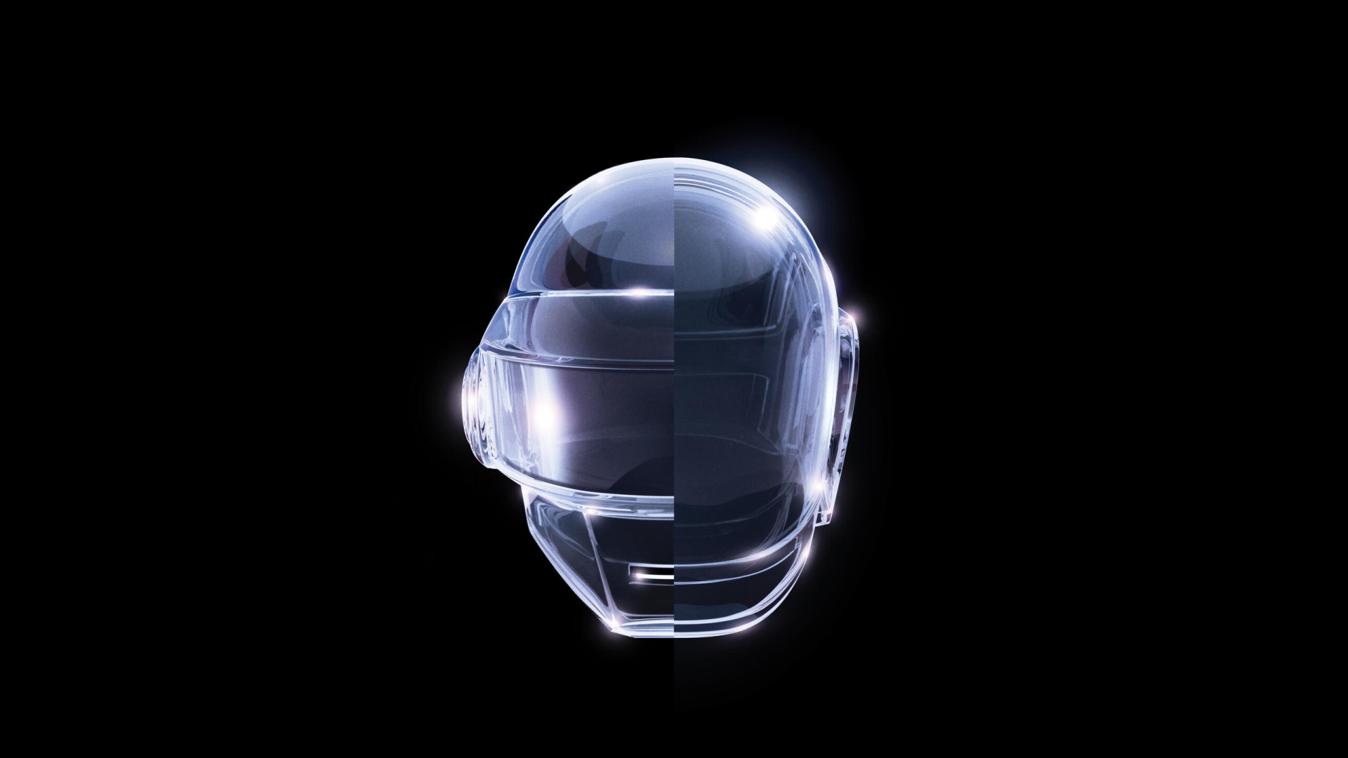 Minimalist album-cover style 2K Quad HD PC desktop wallpaper: a translucent, futuristic helmet split vertically, softly glowing against a deep black background.