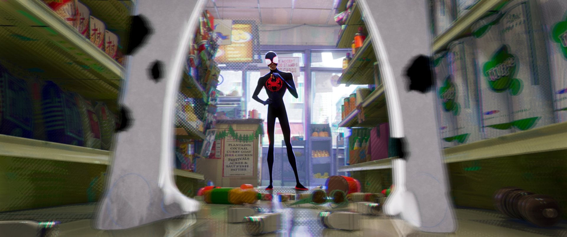 A vibrant HD wallpaper from Spider-Man: Across the Spider-Verse, featuring Spider-Man standing confidently in a colorful, cluttered store aisle.
