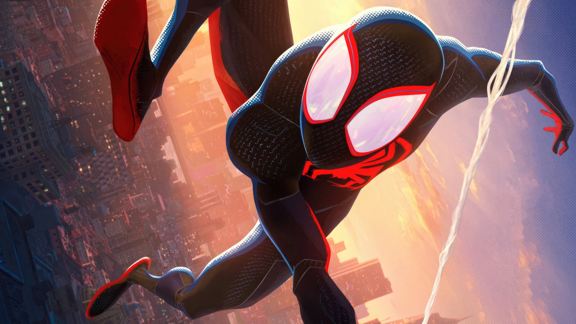 4K Ultra HD wallpaper of Spider-Man in black suit swinging through the city at sunset from the movie Spider-Man: Across the Spider-Verse.