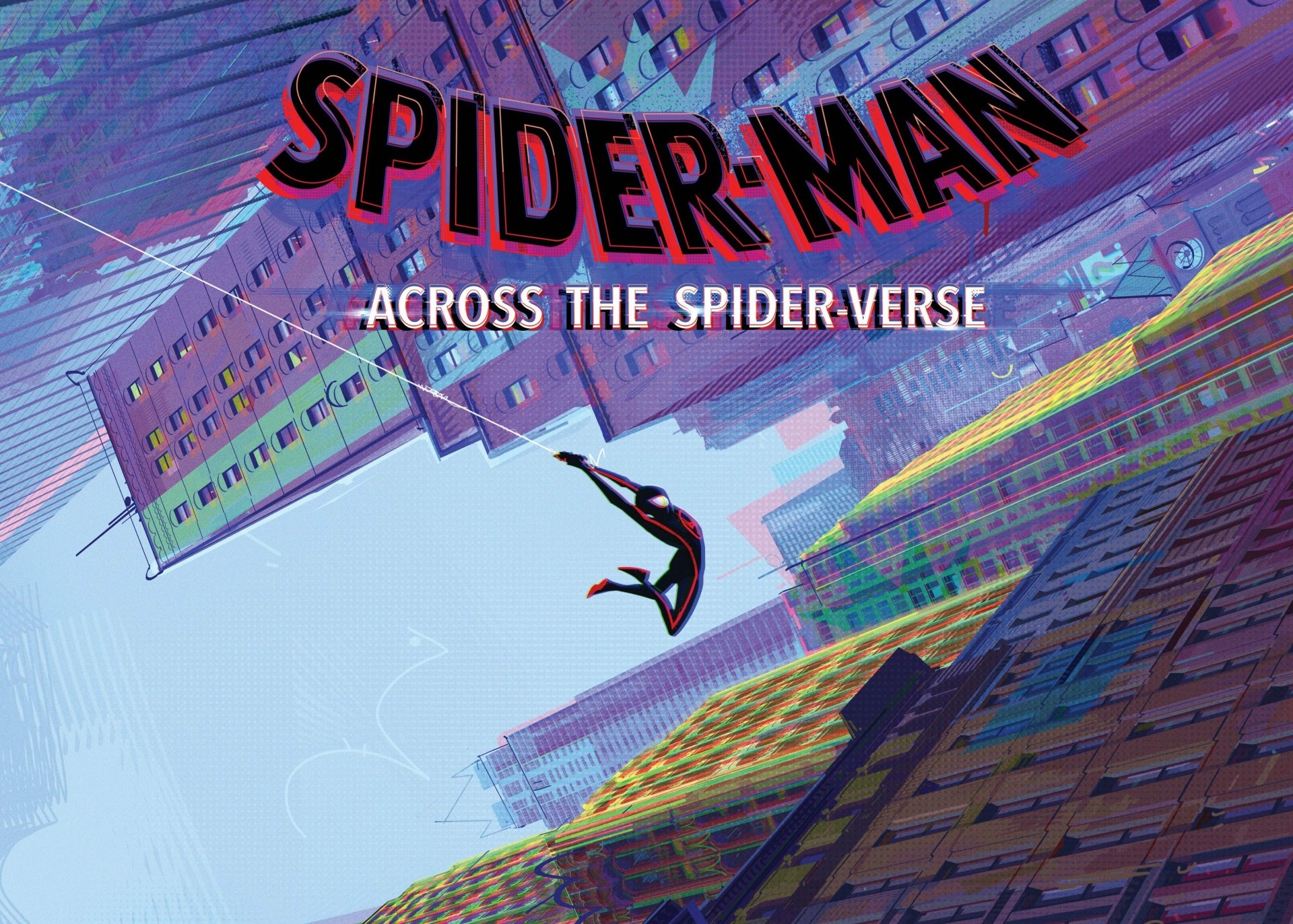 HD desktop wallpaper featuring Spider-Man diving between skyscrapers with the title Spider-Man: Across the Spider-Verse from the movie.