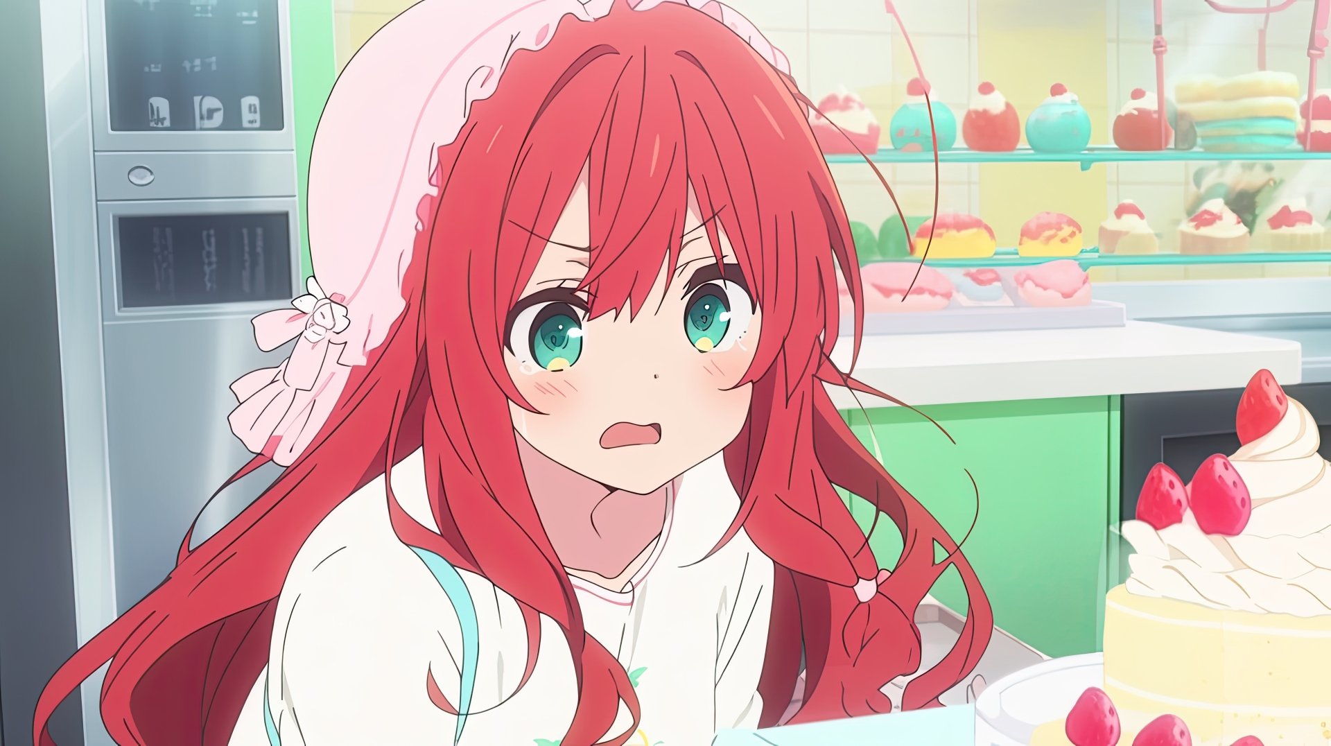 HD desktop wallpaper featuring an anime girl with red hair, green eyes, and a pink headband, standing in a brightly lit patisserie with various cakes and pastries in the background.