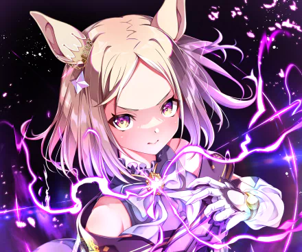 HD PC desktop wallpaper of Narita Top Road from Uma Musume: Pretty Derby — a determined blond horse-girl with star hairpin, hands crackling with purple lightning against a dark, starry backdrop.