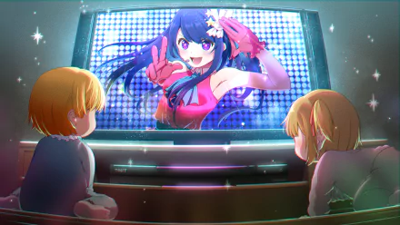 HD anime wallpaper featuring Ruby Hoshino, Aquamarine Hoshino, and Ai Hoshino from Oshi no Ko, with vibrant colors and a dynamic stage scene.