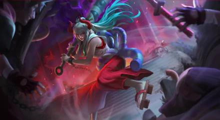 Yamato (One Piece) in a dynamic pose wielding a kanabo, blue hair and red skirt amid a red-lit, shattered battlefield — 2K Quad HD anime wallpaper from One Piece Film: RED.