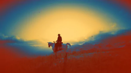 Silhouetted cowboy on horseback at sunset — Red Dead Redemption / Red Dead Redemption 2 video game HD PC desktop wallpaper.