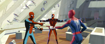 HD PC desktop wallpaper from the movie Spider-Man: Across the Spider-Verse, featuring three Spider-Men in colorful suits facing each other in a dynamic standoff.