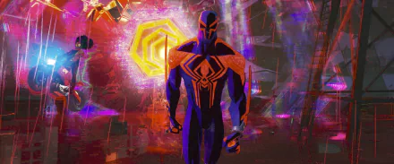HD PC desktop wallpaper featuring Spider-Man 2099 (Miguel O'Hara) from the movie Spider-Man: Across the Spider-Verse in a vibrant, futuristic setting.