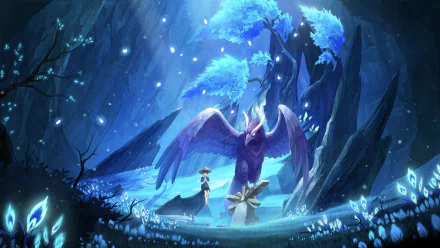 Ruu from Genshin Impact stands beside a glowing, winged creature in a mystical blue forest, depicted in this 4K Ultra HD PC desktop wallpaper.