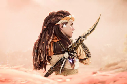 Aloy from the Horizon series stands poised with her bow, depicted in a detailed 4K Ultra HD wallpaper from the video game Horizon Forbidden West.