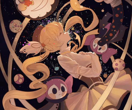 HD PC desktop wallpaper featuring Mami Tomoe from the anime Puella Magi Madoka Magica, showcasing her with flowing hair and magical elements in a cosmic background.