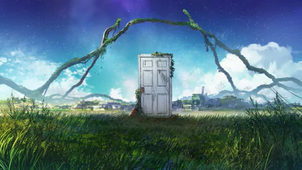 A captivating 4K Ultra HD background from the anime Suzume no Tojimari, featuring a mysterious door surrounded by lush grass and a vibrant sky.