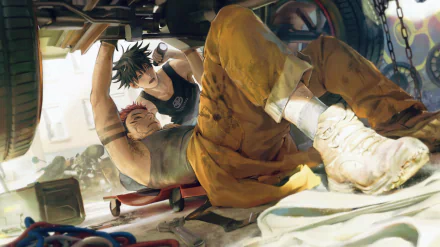 HD PC desktop wallpaper/background: Sukuna and Megumi Fushiguro from Jujutsu Kaisen anime working under a car, warm light, detailed, cinematic anime art.