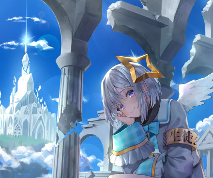 HD PC desktop wallpaper featuring Amane Kanata from hololive as an anime-style Virtual YouTuber, set against a bright sky with angelic and fantasy architecture elements.