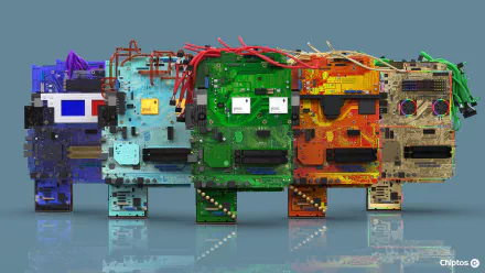 HD PC Desktop Wallpaper featuring a colorful, artistic lineup of computer motherboards arranged like faces, each in a different vibrant hue on a reflective surface.