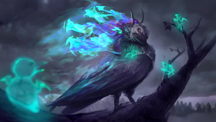 A mystical fantasy bird with glowing blue flames perched on a branch under a dark, stormy sky, rendered in stunning 4K Ultra HD for PC desktop wallpaper.