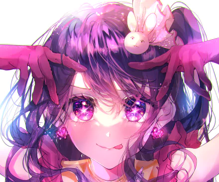 Close-up HD PC wallpaper of Ai Hoshino from Oshi no Ko: anime portrait with vivid purple hair, starry sparkling eyes, pink gloves and a bunny hairpin, glowing kawaii expression.