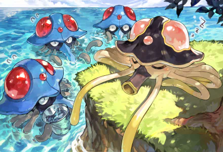 HD PC desktop wallpaper featuring Toedscruel and Tentacruel from the video game Pokémon: Scarlet and Violet in a vibrant aquatic scene.