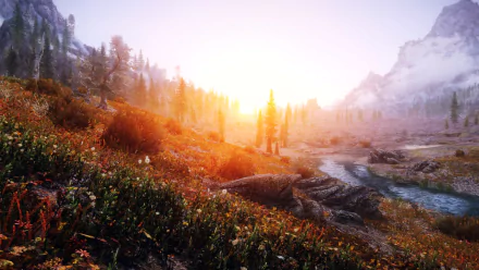 HD PC desktop wallpaper/background from The Elder Scrolls V: Skyrim: a vivid sunset over pine forests, snowy peaks and a winding river in a lush video game landscape.