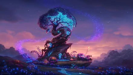 HD desktop wallpaper featuring a vivid fantasy forest landscape with an enchanted glowing tree and mystical elements under a starry sky.