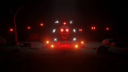 Dark, eerie night scene from the video game Cult of the Lamb, featuring glowing red eyes and mystical symbols, rendered in 4K Ultra HD for a striking PC desktop background.