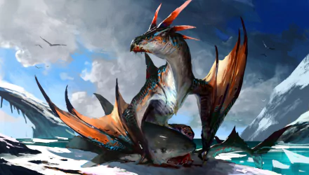 HD fantasy desktop wallpaper featuring a majestic dragon with orange wings resting by a snowy mountain lake under a cloudy sky.