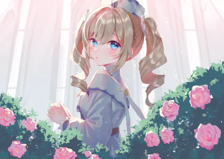 HD PC desktop wallpaper featuring Barbara from the video game Genshin Impact, surrounded by blooming pink roses and soft sunlight.