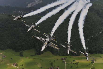 A formation of Aero L-39 Albatros military jets releases white smoke trails over green fields, captured in vibrant 4K Ultra HD for a dynamic desktop wallpaper.