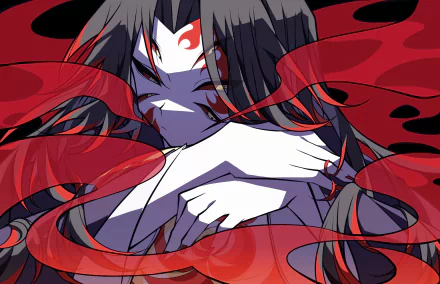 HD PC desktop wallpaper featuring Kokushibo from the anime Demon Slayer: Kimetsu no Yaiba, showcasing detailed art with dynamic red ribbons and intense expression.