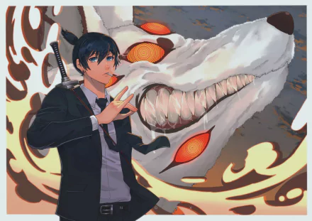 A HD desktop wallpaper featuring Aki Hayakawa from Chainsaw Man, with the Fox Devil in the background. The anime-themed artwork portrays Aki making a gesture with the Fox Devil menacingly grinning.