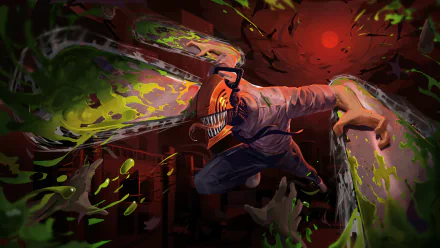 HD desktop wallpaper of Denji from Chainsaw Man in action. The background features intense, vivid scenes of combat, with Denji using his chainsaw powers, vibrant green effects, and a dark red atmospheric sky.