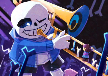 4K Ultra HD PC wallpaper featuring Sans playing a trombone with Frisk standing nearby, inspired by the video game Undertale.