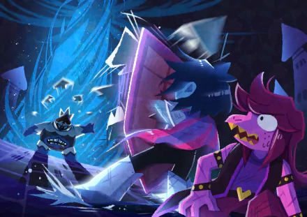 4K Ultra HD desktop wallpaper featuring King, Susie, and Kris from the video game Deltarune in a dynamic, action-packed scene.