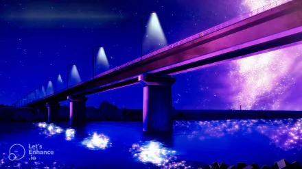 4K Ultra HD anime wallpaper from Call of the Night featuring a glowing purple bridge over water under a star-filled night sky.