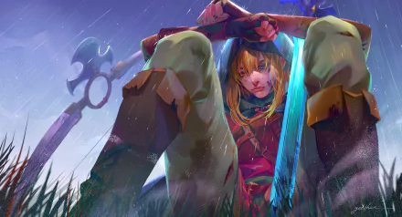 4K Ultra HD PC desktop wallpaper of Link (video game character) from The Legend of Zelda: Tears of the Kingdom, crouched in rain with a glowing blue sword, intense low-angle portrait.