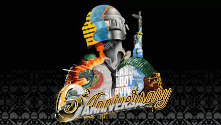 HD desktop wallpaper featuring a graphic for Playerunknown's Battlegrounds 6th Anniversary, with a stylized helmet, gun, and elements symbolizing game icons.