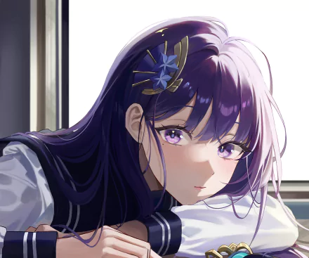 HD desktop wallpaper featuring Baal Raiden Shogun from Genshin Impact, showcasing her detailed, expressive character design with purple hair and a serene expression.
