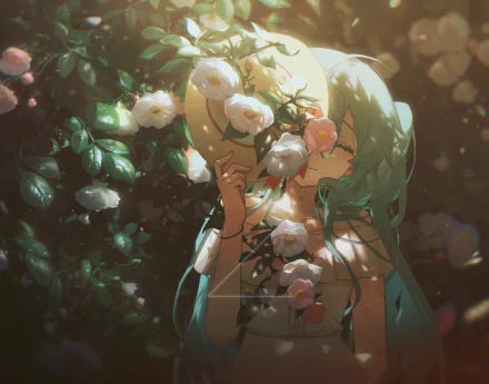 HD anime desktop wallpaper featuring Hatsune Miku from Vocaloid surrounded by blooming white roses in a softly lit garden setting.