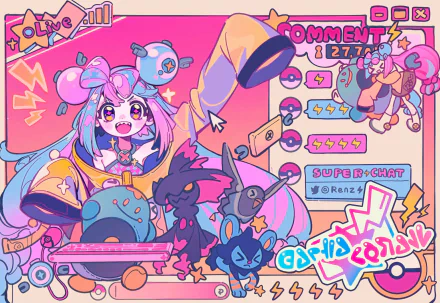 HD desktop wallpaper featuring Iono from Pokémon Scarlet and Violet surrounded by vibrant, colorful graphics and several Pokémon, capturing a playful video game theme.